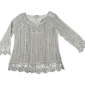 Crochet Lace Tunic Top Cream White Boho V Neck 3/4 Sleeve 70s Beach Hippie pool‎